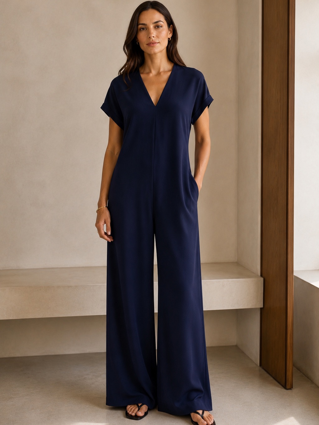 Roucha Navy Wide Leg Crepe Jumpsuit 3 L Xl
